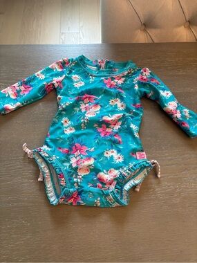 Infant Floral Long-Sleeve Rash Guard One-Piece Swimsuit - Teal Pink